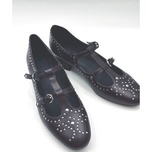 J.Crew Studded Teagan T-strap Wing Tip heels Size 7 Patent Leather Milan Brown